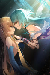 Rule 34 | 2girls, ahoge, aqua eyes, aqua hair, arm garter, bare shoulders, blonde hair, blue eyes, blunt bangs, bustier, choker, detached collar, elbow gloves, eye contact, female focus, flying, gloves, grabbing another&#039;s chin, green eyes, green hair, hair ornament, hand on another&#039;s chest, imminent kiss, leaning, long hair, looking at another, lowres, magic circle, multiple girls, naughty face, open mouth, outstretched hand, salt (salty), serious, sitting, smile, strapless, sword girls, tattoo, very long hair, wings, yuri