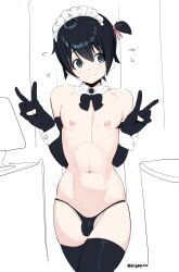 Rule 34 | 1boy, :&gt;, ^^^, artist name, black bow, black bowtie, black hair, black panties, black thighhighs, bow, bowtie, bulge, commentary, cowboy shot, crossdressing, detached collar, double v, english commentary, green eyes, hair ribbon, hands up, highres, jewelry, looking to the side, maid headdress, male focus, navel, nipples, one side up, original, panties, pea (vaultboy503), pendant, pink ribbon, ribbon, short hair, simple background, sleeve cuffs, smile, solo, standing, thighhighs, trap, twitter username, underwear, v, white background, wing collar