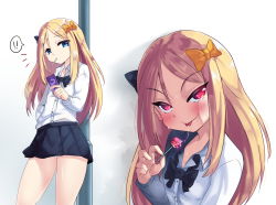 Rule 34 | !, !!, 1girl, abigail williams (fate), black bow, black neckwear, black skirt, blonde hair, blue eyes, blush, bow, bowtie, candy, cellphone, closed mouth, collared shirt, commentary request, contrapposto, dress shirt, fate/grand order, fate (series), food, forehead, hair bow, half-closed eyes, hand up, highres, holding, holding candy, holding food, holding lollipop, lollipop, long hair, long sleeves, looking at viewer, loose bowtie, miniskirt, multiple views, orange bow, panties, phone, pleated skirt, rayno, saliva, saliva trail, shirt, skirt, smartphone, smartphone case, smile, speech bubble, standing, tongue, tongue out, underwear, very long hair, white panties, white shirt, wide hips, wing collar