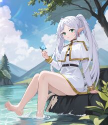 Rule 34 | 1girl, absurdres, barefoot, belt, black belt, blue sky, capelet, chinese commentary, cloud, cloudy sky, commentary request, day, dress, earrings, feet, flower, frieren, green eyes, grey hair, hand up, highres, holding, holding flower, jewelry, long hair, long sleeves, looking at viewer, outdoors, parted lips, pointy ears, sky, soaking feet, soles, solo, sousou no frieren, thick eyebrows, thighs, tree, twintails, white capelet, white dress, xiongji z z