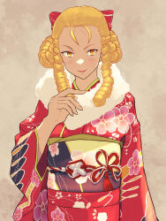 Rule 34 | 1girl, alternate hair length, alternate hairstyle, antenna hair, blonde hair, bow, commentary request, fur collar, hair bow, hair pulled back, highres, japanese clothes, kanzuki karin, kimono, looking at viewer, medium hair, new year, obi, red bow, red kimono, ringlets, sash, solo, standing, street fighter, street fighter v, street fighter zero (series), updo, wide sleeves, yellow eyes, yuenibushi