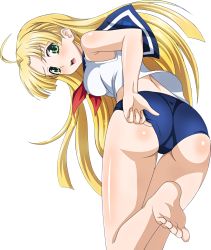 Rule 34 | 10s, 1girl, ahoge, asia argento, ass, barefoot, blonde hair, buruma, feet, feet up, green eyes, high school dxd, highres, long hair, looking at viewer, official art, open mouth, soles, solo, toes, transparent background, vector trace