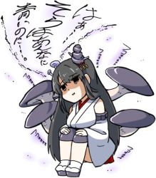 Rule 34 | 10s, 1girl, black hair, breasts, detached sleeves, empty eyes, eyebrows, fusou (kancolle), geta, hair ornament, hakama, hakama skirt, hands on own knees, japanese clothes, kantai collection, knee pads, large breasts, long hair, lowres, mushroom, nontraditional miko, open mouth, red hakama, sidelocks, sitting, sketch, skirt, torichamaru, translated, wide sleeves