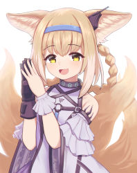Rule 34 | 1girl, animal ear fluff, animal ears, arknights, blonde hair, fang, fox ears, fox girl, fox tail, gloves, hair rings, hairband, highres, jacy, looking at viewer, material growth, medium hair, multiple tails, off shoulder, open mouth, oripathy lesion (arknights), own hands together, sidelocks, simple background, single glove, skin fang, smile, solo, suzuran (arknights), tail, white background, wrist cuffs, yellow eyes