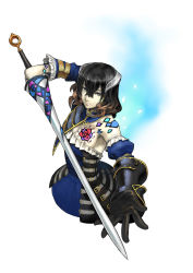Rule 34 | 1girl, black hair, bloodstained: ritual of the night, blue eyes, brown hair, concept art, detached sleeves, flower, gauntlets, gradient hair, hair between eyes, hair ornament, looking at viewer, miriam (bloodstained), multicolored hair, natsume yuji, no legs, official art, pale skin, rose, short hair, smile, solo, stained glass, sword, weapon