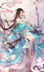 Rule 34 | 1girl, absurdres, artist request, bare shoulders, brown hair, closed mouth, detached sleeves, doupo cangqiong, earrings, facial mark, falling petals, fog, forehead mark, gu xun er (doupo cangqiong), hair ornament, high heels, highres, jewelry, long hair, official art, petals, sitting, smile, solo, sparkle, swing set