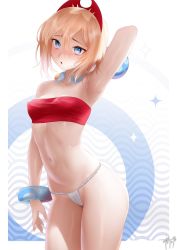 Rule 34 | 1girl, arm behind head, arm up, armpits, bare shoulders, blonde hair, blue eyes, blush, bracelet, breasts, collarbone, commentary, covered erect nipples, cowboy shot, creatures (company), eyelashes, fundoshi, game freak, hair between eyes, hairband, highres, irida (pokemon), japanese clothes, jewelry, looking at viewer, medium hair, navel, neck ring, nintendo, open mouth, parted lips, pokemon, pokemon legends: arceus, presenting armpit, raised eyebrows, red hairband, red headwear, small breasts, solo, sparkle, strapless, thighs, tube top, zasshu
