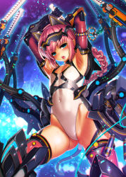 Rule 34 | 1girl, animal ears, armpits, bambi01, blue eyes, blush, braid, covered navel, fake animal ears, flat chest, from below, gloves, gradient background, leotard, looking at viewer, open mouth, original, pink hair, single braid, solo, tail, weapon, wet