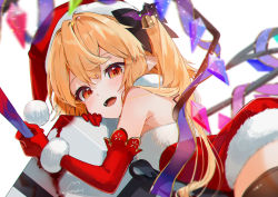 Rule 34 | 1girl, artist name, black thighhighs, blonde hair, blush, christmas, commentary, crystal, flandre scarlet, gloves, gotou (nekocat), hair between eyes, hat, highres, long hair, one side up, open mouth, pointy ears, pom pom (clothes), red eyes, red gloves, red hat, santa costume, santa hat, signature, simple background, smile, solo, thighhighs, touhou, white background, wings