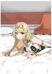 Rule 34 | 1girl, absurdres, aotsuba, bare shoulders, blonde hair, breasts, chest jewel, cleavage, cleavage cutout, clothing cutout, dress, earrings, elbow gloves, gloves, highres, jewelry, large breasts, long hair, mythra (xenoblade), short dress, solo, swept bangs, tiara, very long hair, white dress, white gloves, xenoblade chronicles (series), xenoblade chronicles 2, yellow eyes