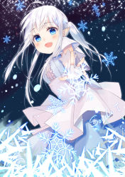 Rule 34 | 1girl, ahoge, aotetsu, blue eyes, blush, fingerless gloves, gloves, hair ornament, long hair, looking at viewer, open mouth, original, signature, silver hair, smile, snow, snowflakes, snowing, solo, twintails, white gloves, x hair ornament
