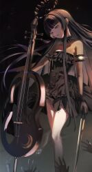 Rule 34 | 1girl, absurdres, arknights, bare shoulders, black dress, black eyes, black gloves, black hair, blunt bangs, breasts, cello, commentary, dizzen, dress, feet out of frame, gloves, highres, holding, holding instrument, instrument, long hair, looking down, open mouth, sidelocks, sleeveless, sleeveless dress, small breasts, solo focus, standing, strapless, strapless dress, very long hair, virtuosa (arknights)