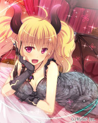 Rule 34 | 1girl, :d, angelmaster, bed, blonde hair, blush, breasts, demon girl, demon horns, demon wings, hand on own cheek, hand on own face, highres, horns, kazumasa, looking at viewer, lying, official art, on side, open mouth, pointy ears, purple eyes, smile, solo, twintails, wings