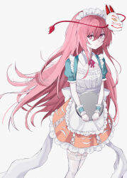 Rule 34 | 1girl, adapted costume, closed mouth, commentary, fox mask, garter straps, hata no kokoro, highres, kuro wa shinoru, long hair, looking at viewer, maid headdress, mask, pink eyes, pink hair, pink skirt, short sleeves, simple background, skirt, solo, thighhighs, touhou, white background, white thighhighs, wrist cuffs