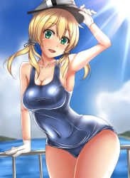 Rule 34 | 10s, 1girl, alternate costume, anchor hair ornament, aqua eyes, armpits, bad id, bad pixiv id, blonde hair, blush, breasts, cleavage, covered navel, gloves, hair ornament, hat, highres, kantai collection, large breasts, low twintails, ocean, one-piece swimsuit, peaked cap, prinz eugen (kancolle), solo, sunlight, swimsuit, terakoya, twintails, white gloves