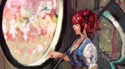 Rule 34 | 1girl, breasts, flower, hair bobbles, hair ornament, highres, lips, looking outside, nose, onion (onion and pi-natto), onozuka komachi, red eyes, red hair, scythe, short hair, short sleeves, solo, touhou, two side up, upper body, wisteria