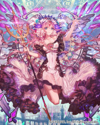 Rule 34 | 1girl, bad id, bad pixiv id, bare shoulders, blue eyes, building, castle, covered navel, dragon&#039;s shadow, dress, fantasy, floating hair, forehead jewel, frown, full body, holding, holding weapon, long hair, looking to the side, magic circle, off-shoulder dress, off shoulder, official art, parted lips, pink hair, pointy ears, polearm, rod, sad, see-through, short sleeves, solo, staff, tower, very long hair, weapon, white dress, yna