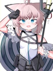 Rule 34 | 1girl, absurdres, ahoge, animal ear fluff, animal ears, arknights, arm up, bare shoulders, black gloves, blue eyes, blush, breasts, brown hair, cosplay, flying sweatdrops, fox ears, gloves, highres, holding, looking at viewer, open mouth, shirt, simple background, single glove, small breasts, solo, spam (spamham4506), sussurro (arknights), suzuran (arknights), suzuran (arknights) (cosplay), upper body, white background, white shirt
