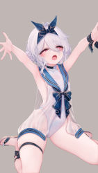 Rule 34 | 1girl, absurdres, arms up, bad id, bad pixiv id, bare arms, blue bow, blue flower, blue ribbon, blue sailor collar, bow, brown footwear, commentary request, covered collarbone, double bun, flower, grey background, hair between eyes, hair bun, hair ribbon, highres, looking at viewer, one-piece swimsuit, open mouth, original, red eyes, ribbon, sailor collar, sandals, see-through, simple background, sitting, skindentation, solo, swimsuit, swimsuit under clothes, teeth, upper teeth only, wakaba (945599620), wariza, white hair, white one-piece swimsuit