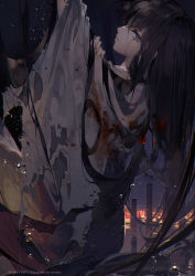 Rule 34 | 1girl, artist name, black hair, blood, blood stain, blue eyes, fatal frame, fatal frame 3, ghost, japanese clothes, kawacy, kuze reika, long hair, looking at viewer, looking back, solo, tecmo, torn clothes, very long hair, water drop, watermark, web address
