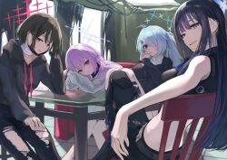Rule 34 | 4girls, absurdres, arius squad (blue archive), atsuko (blue archive), bandaged neck, bandages, black hair, blue archive, blue hair, blush, dark blue hair, highres, hiyori (blue archive), indoors, kuro shiraga, light blue hair, looking at viewer, looking back, misaki (blue archive), multiple girls, own hands together, pants, pink hair, saori (blue archive), sitting, smile, torn clothes, torn pants