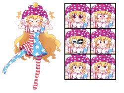 Rule 34 | +++, 1girl, :3, american flag dress, american flag legwear, black eyes, blonde hair, blush stickers, closed eyes, clownpiece, double v, expressions, fairy wings, hair between eyes, hat, jester cap, joyfull (terrace), long hair, mask, neck ruff, open mouth, pantyhose, polka dot, short sleeves, simple background, solo, tongue, tongue out, touhou, v, white background, wings