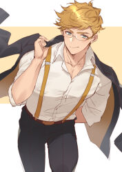 Rule 34 | 1boy, alternate costume, belt, blonde hair, blush, closed mouth, glasses, granblue fantasy, green eyes, higashigunkan, holding, holding clothes, holding jacket, jacket, jacket on shoulders, light, looking at viewer, male focus, official alternate costume, open clothes, partially unbuttoned, pectoral cleavage, pectorals, shirt, short hair, simple background, solo, thighs, toned, toned male, vane (granblue fantasy), white shirt