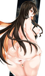 Rule 34 | 1girl, anus, ass, astor.cn, black hair, black hole, black sclera, blush, breasts, colored sclera, electricity, from behind, hair between eyes, highres, large breasts, long hair, looking at viewer, looking back, m87 black hole, multicolored hair, nipples, nude, open mouth, orange eyes, orange hair, original, personification, presenting, puffy nipples, pussy, solo, space, spread anus, spread ass, tongue, tongue out, two-tone hair, uncensored, very long hair, white background