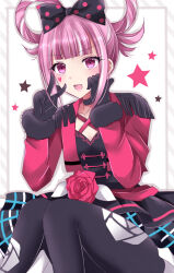 Rule 34 | 1girl, black bow, black dress, black gloves, black pantyhose, bow, dress, facial mark, fire emblem, fire emblem engage, floral print, frilled dress, frills, gloves, hair bow, hair rings, hand on own face, heart, heart facial mark, highres, hortensia (fire emblem), jacket, kirishima riona, knees up, looking at viewer, nintendo, open mouth, pantyhose, pink eyes, pink hair, polka dot, polka dot bow, red jacket, rose print, sitting, smile, solo, star (symbol), v