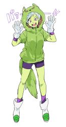 Rule 34 | 1girl, :d, bad id, bad twitter id, bah (dragon ball), bah (dragon ball) (cosplay), bare legs, bidarian, boots, cheelai, cosplay, dragon ball, dragon ball super, dragon ball super broly, female focus, full body, gloves, green jacket, highres, hood, hood up, hooded jacket, jacket, legs apart, looking at viewer, open mouth, purple eyes, purple shorts, short hair, shorts, simple background, smile, solo, spread legs, standing, tail, teeth, translation request, white background, white gloves, white hair