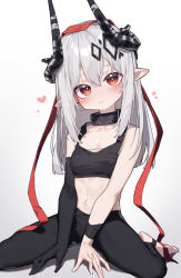 Rule 34 | 1girl, absurdres, aged down, arknights, bare shoulders, beudelb, black gloves, black leggings, blush, breasts, closed mouth, collarbone, commentary request, elbow gloves, gloves, gradient background, grey background, grey hair, hair between eyes, heart, highres, horns, leggings, long hair, looking at viewer, mudrock (arknights), no shoes, pointy ears, red eyes, red ribbon, ribbon, single glove, small breasts, solo, stirrup legwear, toeless legwear, white background