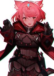 Rule 34 | 1girl, alternate costume, animal ear fluff, animal ears, belt, blush, breasts, cape, cat ears, gloves, highres, large breasts, long sleeves, looking at viewer, open mouth, pyra (xenoblade), red eyes, red hair, simple background, skin tight, smile, solo, sword, tarbo (exxxpiation), weapon, white background, xenoblade chronicles (series), xenoblade chronicles 2