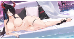 1girl absurdres arm_under_breasts azur_lane black_hair black_nails black_panties blush breasts cleavage collarbone completely_nude covering_breasts covering_privates elbow_rest friedrich_der_grosse_(azur_lane) friedrich_der_grosse_(one_summer_night&#039;s_intimacy)_(azur_lane) hair_over_one_eye high_ponytail highres horns large_breasts letterboxed long_hair looking_at_viewer lying mechanical_horns nail_polish navel nude on_side panties pillow ponytail red_horns solo suo_bu_ye_feng thigh_strap toenail_polish toenails underwear unworn_panties water yellow_eyes yes-no_pillow