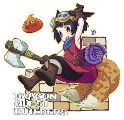 Rule 34 | 1girl, :d, animal ears, arm up, armpits, axe, black pants, blue scarf, bob cut, boots, brown footwear, brown gloves, copyright name, dragon quest, dragon quest builders, dress, female builder (dqb), fox ears, fox girl, fox tail, full body, gloves, goggles, goggles on head, holding, holding axe, holding weapon, kukuri (mawaru), mawaru (mawaru), multiple tails, open mouth, pants, red dress, scarf, short hair, simple background, sleeveless, sleeveless dress, slime (dragon quest), smile, solo, tail, weapon, white background
