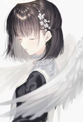 Rule 34 | 1girl, bad id, bad pixiv id, black hair, blunt bangs, bob cut, closed eyes, flower, frills, grey background, hair flower, hair ornament, highres, naomasap, original, parted lips, short hair, simple background, solo, upper body, white wings, wings