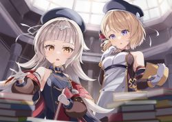Rule 34 | 2girls, acchii (akina), azur lane, bare shoulders, beret, blonde hair, blue eyes, blunt bangs, book, book stack, bow, breasts, commentary request, cross, detached sleeves, from below, gloves, grey hair, hair ribbon, hat, hat bow, headpiece, highres, holding, holding book, indoors, iron cross, jacket, medium breasts, multiple girls, open mouth, ribbon, small breasts, standing, sunlight, swept bangs, upper body, white bow, white gloves, white ribbon, yellow eyes, z23 (azur lane), z46 (azur lane)