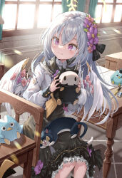 Rule 34 | 1girl, angel wings, azusa (blue archive), black sailor collar, blue archive, blush, crossed bangs, feathered wings, flower, flower ornament, hair between eyes, hair flower, hair ornament, halo, highres, hirokazu (analysis-depth), holding, holding stuffed toy, indoors, long hair, low wings, neckerchief, purple eyes, purple flower, sailor collar, sitting, smile, solo, stuffed toy, white hair, white wings, wing ornament, wings, yellow neckerchief