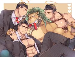 Rule 34 | 4boys, abs, alternate costume, animal ears, arsalan (tokyo houkago summoners), bara, bare pectorals, beard, black hair, blush, brown eyes, brown fur, bulge, chest hair, chest harness, clone, couple, facial hair, feet out of frame, fingernails, fingers together, formal, furry, furry male, furry with non-furry, glasses, green hair, halo, harness, holding hands, interlocked fingers, interspecies, large pectorals, lion boy, lion ears, male focus, male harem, medium hair, mouth hold, multiple boys, muscular, necktie, necktie in mouth, nipples, official alternate costume, pants, pectoral press, pectorals, sharp fingernails, short hair, striped clothes, striped pants, striped suit, stubble, suit, thighs, tokyo houkago summoners, wafu (youzora samo18), yaoi, yellow eyes, zabaniyya (fashionista suit) (housamo), zabaniyya (fashionista swimsuit) (housamo), zabaniyya (housamo)