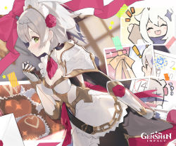 Rule 34 | !, 2girls, absurdres, apron, armor, armored dress, ascot, braid, breasts, calendar (object), candy, chocolate, chocolate heart, closed eyes, commentary, copyright name, english commentary, flower, food, from side, gauntlets, genshin impact, hair ornament, hand up, heart, highres, holding, looking at viewer, medium breasts, multiple girls, noelle (genshin impact), official art, open mouth, paimon (genshin impact), polka dot, polka dot background, profile, red flower, red rose, rose, smile, teeth, upper teeth only, valentine, white apron, white hair
