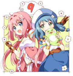 Rule 34 | &gt; &lt;, 2girls, ahoge, armpits, blue eyes, blue hair, blue skirt, blush, bracelet, brown gloves, chibi dragon, covering own mouth, endro!, flat chest, flower, gloves, green eyes, hair flower, hair ornament, hairclip, jewelry, meiza endust, multiple girls, namori, navel, official art, open mouth, pink hair, short hair, short sleeves, short twintails, skirt, smile, speech bubble, twintails, yuria shardet