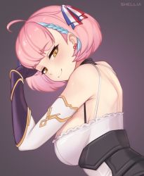 Rule 34 | 1girl, ahoge, artist name, azur lane, bad id, bad pixiv id, blue hair, braid, braided bangs, breasts, closed mouth, commentary, detached sleeves, earrings, french braid, from behind, grey background, hair ribbon, jewelry, large breasts, looking at viewer, multicolored hair, narrowed eyes, pink hair, ribbon, shellvi, shoulder blades, simple background, smile, smirk, solo, streaked hair, tartu (azur lane), upper body, yellow eyes