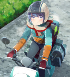 Rule 34 | 1girl, absurdres, blue hair, blush, coat, from above, gloves, helmet, highres, looking at viewer, motor vehicle, outdoors, padded coat, purple eyes, scarf, scooter, shima rin, short hair, solo, urara (sumairuclover), yurucamp