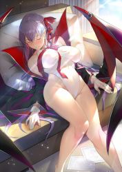 Rule 34 | 1girl, bare shoulders, bat wings, bb (fate), bb (fate) (all), bb (swimsuit mooncancer) (fate), bb (swimsuit mooncancer) (third ascension) (fate), black coat, blush, breasts, closed eyes, coat, couch, curtains, fate/grand order, fate (series), gloves, hair ribbon, highleg, highleg leotard, highres, hip focus, kakage, large breasts, legs, leotard, light rays, long hair, neck ribbon, off shoulder, parted lips, popped collar, purple hair, red ribbon, ribbon, sleeping, solo, sunlight, thighs, vampire costume, very long hair, white gloves, white leotard, wide sleeves, window, wings