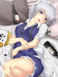 Rule 34 | 1girl, alcohol, banana, bed, bed sheet, blue eyes, bottle, bow, braid, cup, drinking glass, female focus, food, fruit, glass, grapes, hair bow, izayoi sakuya, jurakin, looking at viewer, lying, maid headdress, no pants, on back, on bed, open mouth, orange (fruit), pillow, ribbon, short hair, silver hair, solo, touhou, twin braids, wine, wine glass