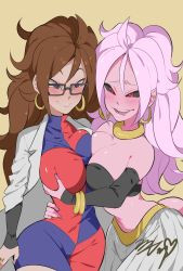 Rule 34 | 2girls, ahoge, android 21, arm warmers, asymmetrical docking, black sclera, blue eyes, blush, grabbing another&#039;s breast, breast press, breasts, brown hair, cleavage, colored sclera, colored skin, dragon ball, dragon ball fighterz, dress, glasses, grabbing, groping, half-closed eyes, harem pants, heart, highres, jewelry, lab coat, large breasts, long hair, looking at viewer, majin android 21, midriff, multiple girls, navel, pants, pink skin, red eyes, selfcest, signature, smile, strapless, tail, tube top, very long hair, white hair
