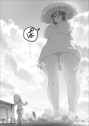 Rule 34 | 1boy, 1girl, absurdres, barefoot, black hair, breasts, bus stop, cityscape, cloud, cloudy sky, commentary, destruction, dress, giant, giantess, greyscale, hair between eyes, hasshaku-sama, hat, highres, large breasts, long hair, looking down, monochrome, original, parted lips, short hair, shorts, size difference, sky, speech bubble, sun hat, sundress, translated, upskirt, uru (uru0000)