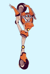 Rule 34 | 1girl, alien, armor, avoidghost, blue eyes, breasts, flexible, flexing, highres, humanoid robot, lickety split, blue background, medium breasts, orange skirt, robot, shoulder armor, simple background, skirt, solo, stretching, transformers, transformers animated