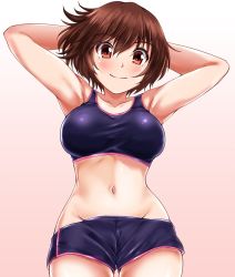 Rule 34 | 1girl, armpits, arms behind head, arms up, black shorts, black sports bra, blush, breasts, brown eyes, brown hair, closed mouth, collarbone, commentary, cowboy shot, dolphin shorts, gradient background, groin, gym shorts, highres, looking at viewer, medium breasts, navel, original, pink background, short hair, short shorts, shorts, single vertical stripe, smile, solo, sports bra, standing, zanntetu