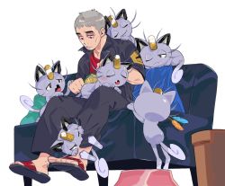 Rule 34 | 1boy, alolan form, alolan meowth, black jacket, black pants, brushing, commentary request, couch, creatures (company), footstool, game freak, gen 7 pokemon, green (grimy), grey hair, hair brush, half-closed eyes, head down, highres, holding, holding pokemon, jacket, male focus, nanu (pokemon), nintendo, pants, pokemon, pokemon (creature), pokemon sm, red eyes, red shirt, sandals, shirt, short sleeves, sitting, toes