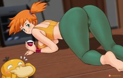 Rule 34 | 1girl, adapted costume, ass, asymmetrical hair, bare arms, bare legs, bare shoulders, blush, breasts, cloud, cowboy shot, creatures (company), crop top, fingernails, from behind, game freak, gen 1 pokemon, green eyes, gummslime, gym leader, highres, holding, holding poke ball, huge ass, large breasts, leggings, legs, looking at viewer, looking back, misty (pokemon), nintendo, orange hair, poke ball, pokemon, pokemon (anime), pokemon (classic anime), ponytail, psyduck, pussy, shiny skin, shirt, short hair, side ponytail, sleeveless, smile, solo, tank top, thick thighs, thighs, yellow shirt, yellow tank top